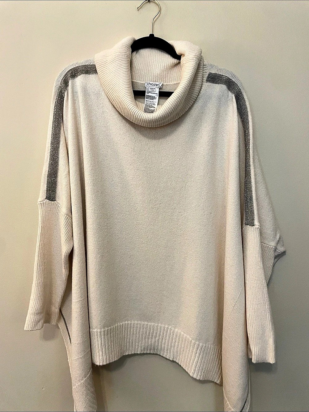 Chico's Metallic Stripe Cowl Neck Poncho Sweater Cream XL